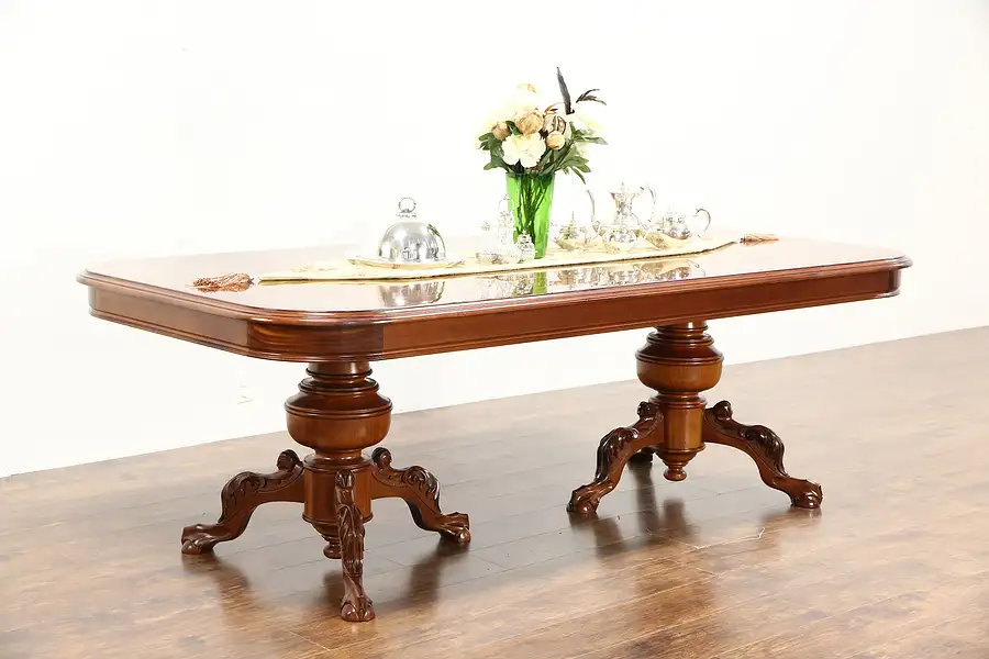Main image of Carved 8' Mahogany Conference, Library, Dining Table, Burl Top, Carved Pedestals