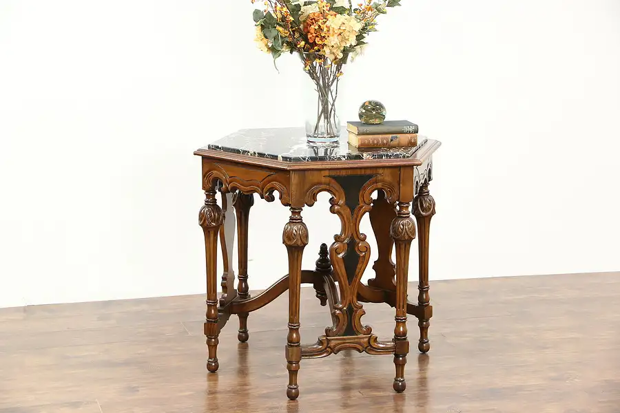 Main image of Hexagonal 1920 Antique Walnut Hall Center or Lamp Table, Black Marble Top