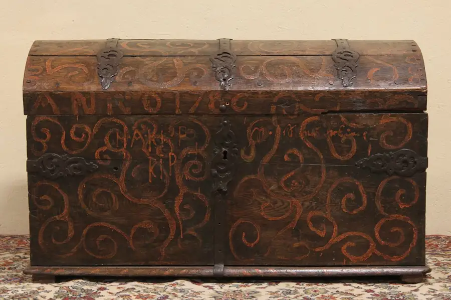 Main image of Oak Antique 1800 Treasure Chest Trunk or Chest, Wrought Iron Mounts