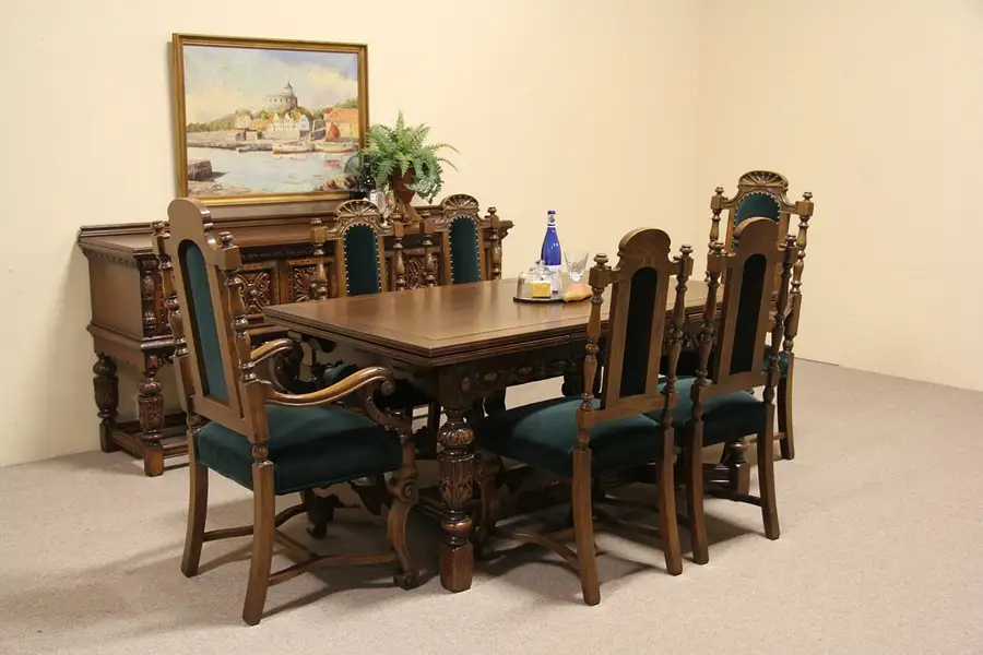 Main image of English Tudor 1925 Carved Oak Dining Set, Table, 6 Chairs, Sideboard
