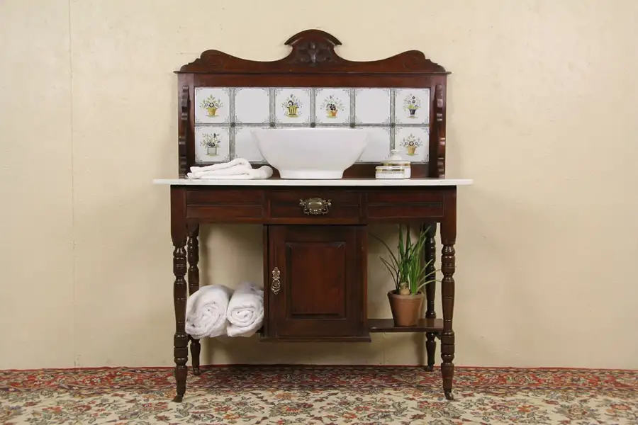 Main image of English 1900 Washstand, Server or Vessel Sink Vanity, Marble & Tile