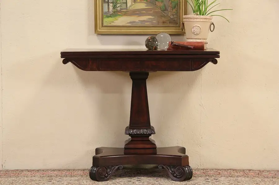 Main image of Empire Greek Revival Antique 1830 Carved Console Table, Opens to Game Table