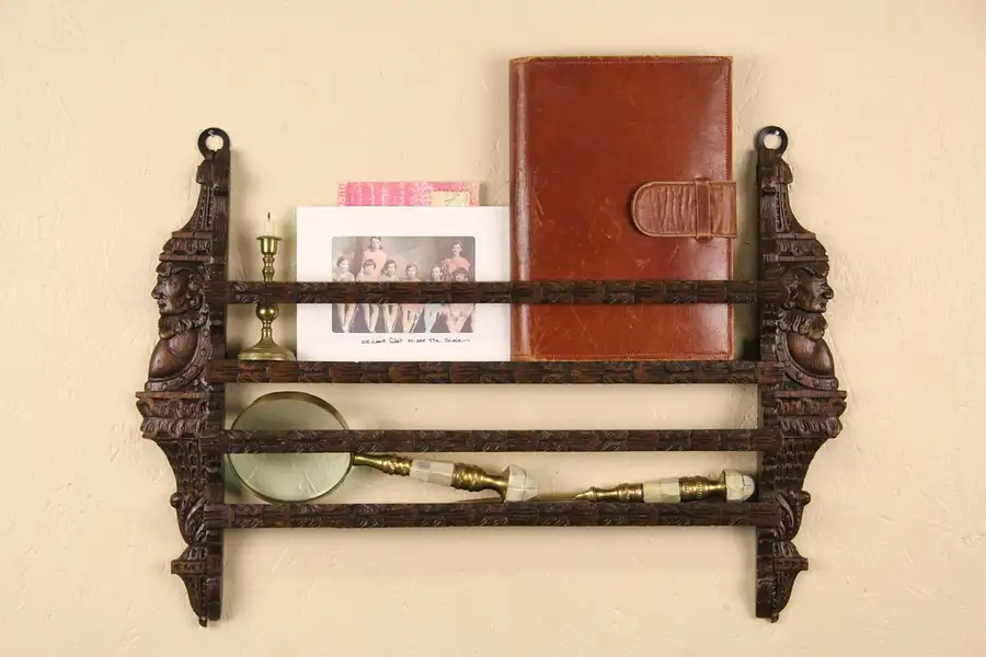 Main image of Dutch Oak Carved Faces 1890's Antique Wall Jewelry or Plate Rack, Medium