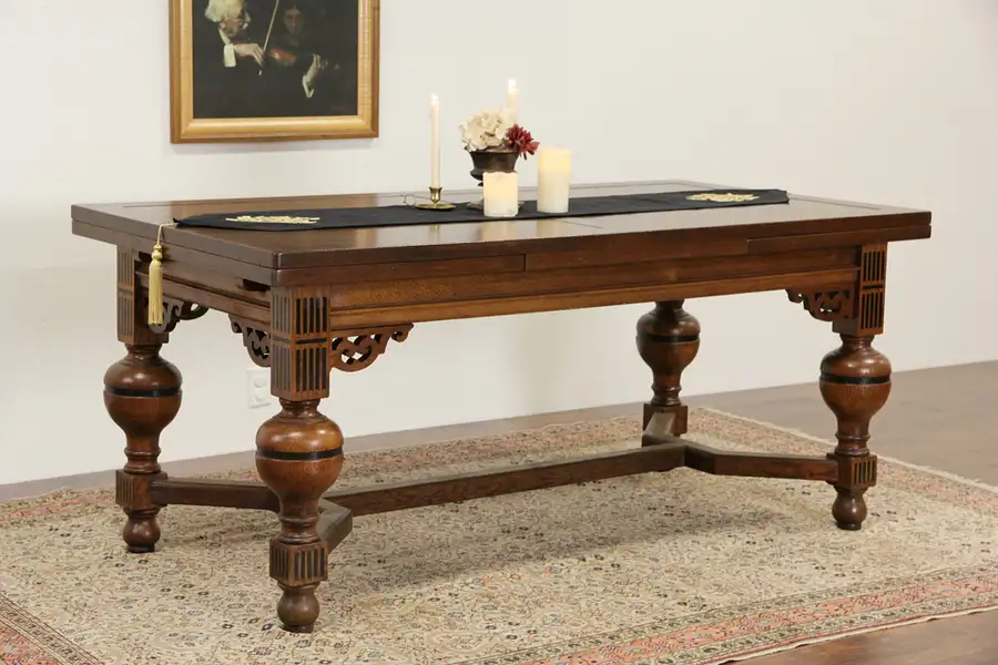 Main image of Renaissance Carved Scandinavian Antique 1890's Oak Dining or Library Table