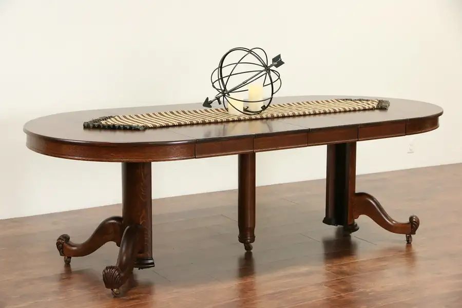 Main image of Oak 44" Round 1900 Antique Dining Table, Pedestal, 4 Leaves, Signed Hastings
