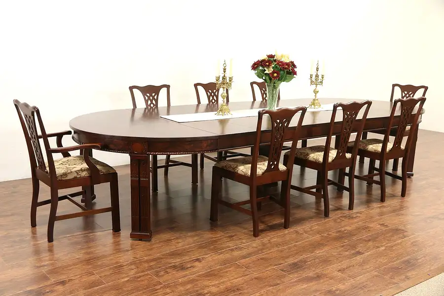 Main image of Georgian 1915 Antique Mahogany Dining Set, 5' Table Extends 12 1/2,' 8 Chairs