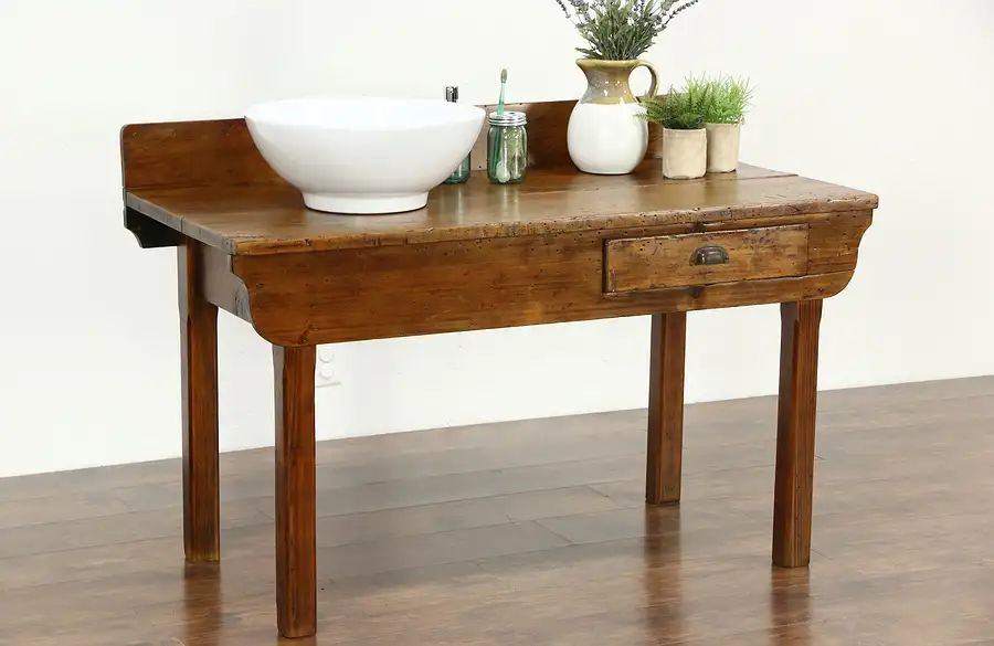 Main image of Country Pine 1900 Antique Work Table, Sink Vanity, Bar or TV Console