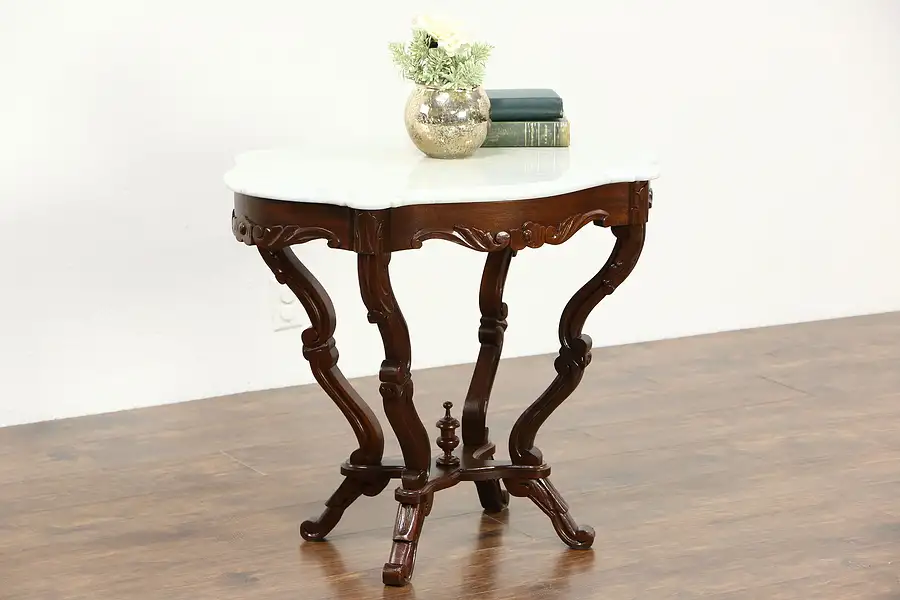 Main image of Victorian Marble Top Carved Mahogany 1860's Parlor or Lamp Table