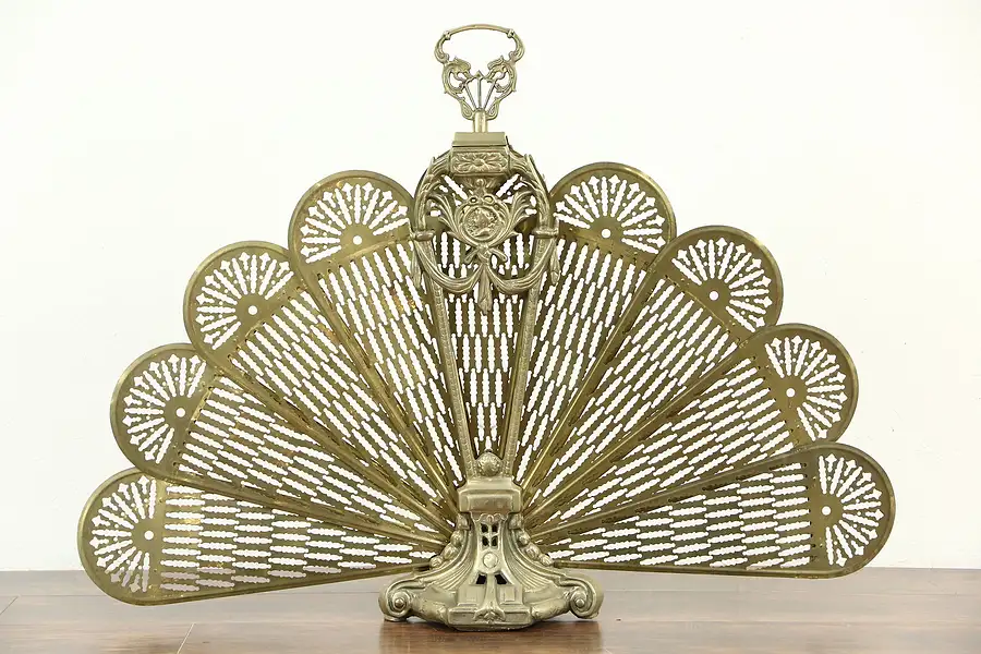 Main image of Peacock Fan Brass Vintage Folding Fireplace Screen