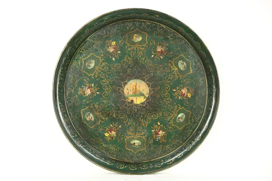 Main image of Toleware Victorian 1860 Antique 3' Tin Tray, Hand Painted, Egypt Scenes