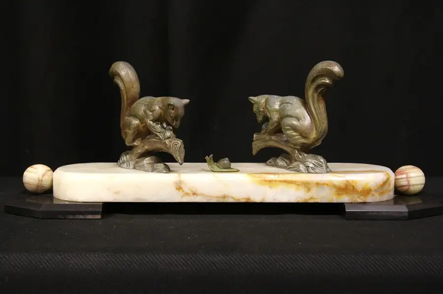 Main image of French Art Deco 1925 Onyx & Marble Squirrel & Snail Sculpture