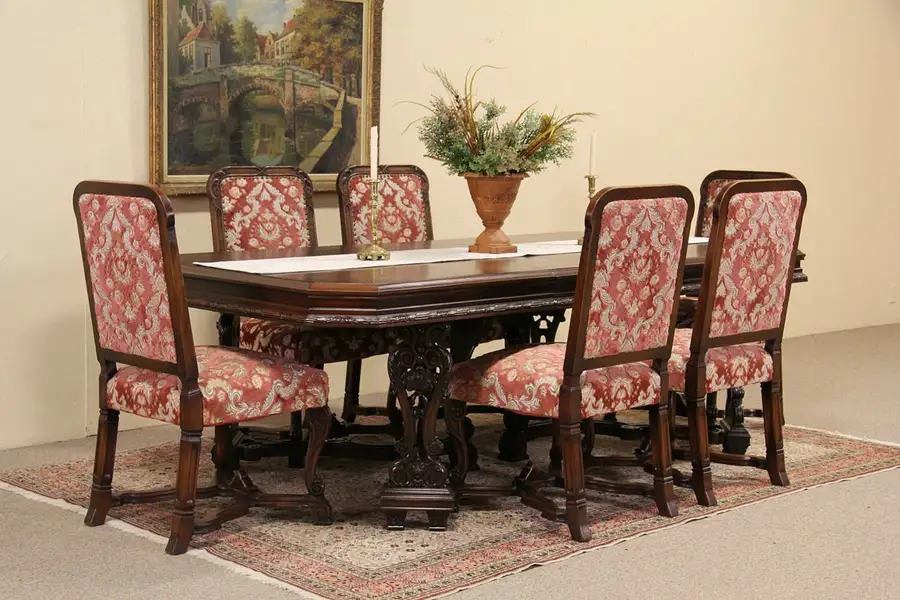 Main image of Renaissance Carved 1920's Dining Set, Table, 4 Leaves & 6 Chairs
