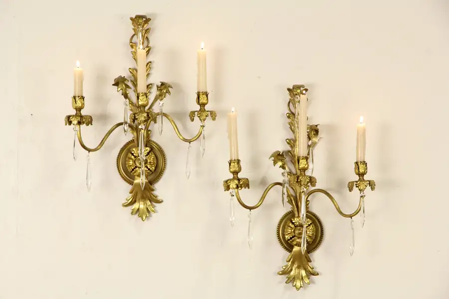 Main image of Pair of Vintage Brass Triple Candle Wall Sconces