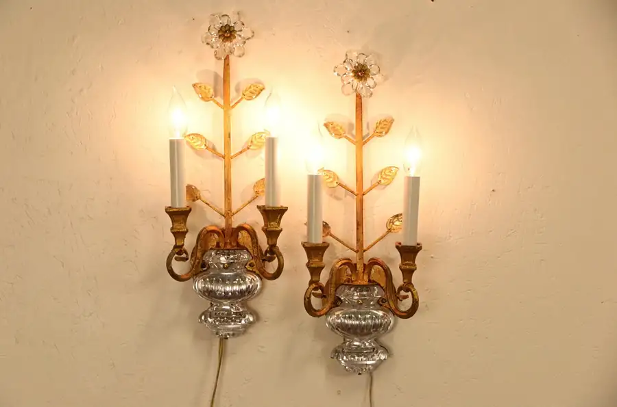 Main image of Pair of Italian Vintage Gold & Crystal Wall Sconce Lights