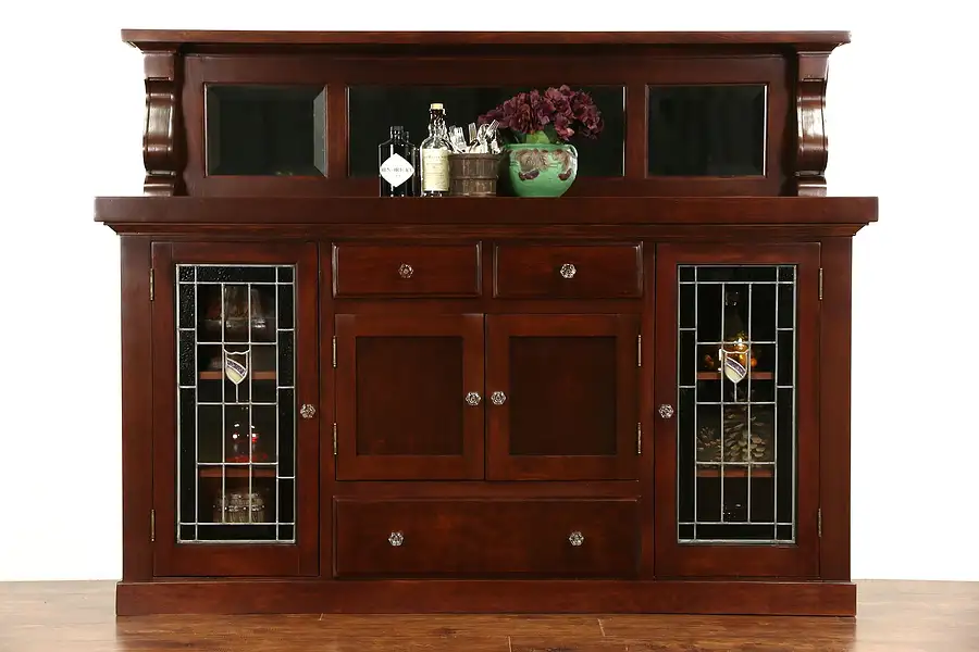 Main image of Craftsman Sideboard 1910 Antique Leaded Stained Glass, Beveled Mirrors