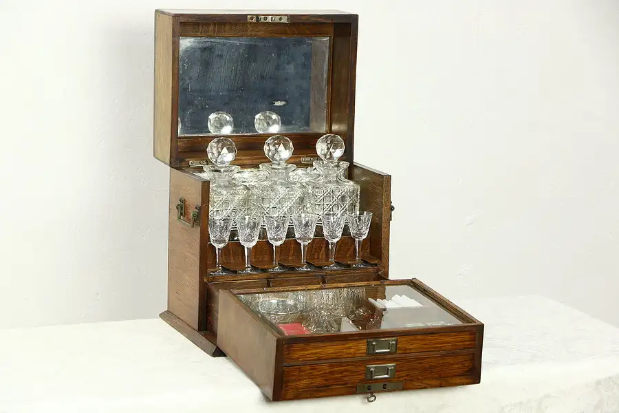 Main image of English Oak 1890 Antique Portable Bar Cabinet, Decanters, Waterford Goblets