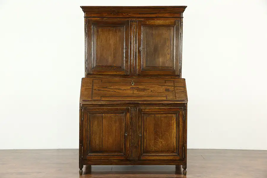 Main image of Dutch Antique 1780 Rustic Oak Hand Crafted Secretary Desk, Bookcase Top
