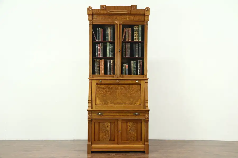 Main image of Victorian Eastlake Antique Walnut Secretary Desk & Bookcase, Wavy Glass Doors