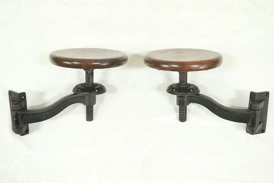 Main image of Pair Industrial Salvage Swivel Swing Arm Stools, Bolt On Iron Mounts