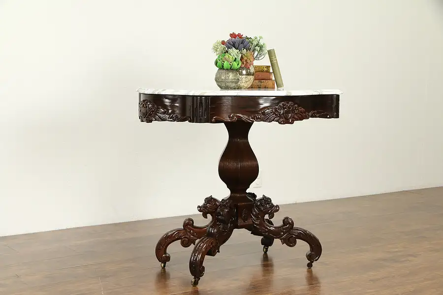 Main image of Victorian Antique Rosewood Lamp or Hall Table, Marble, Carved Dragons