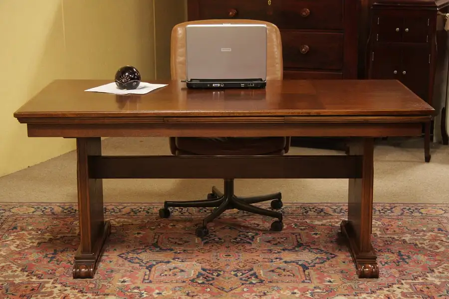 Main image of Oak Library Desk or Writing Table, Carved Chariots
