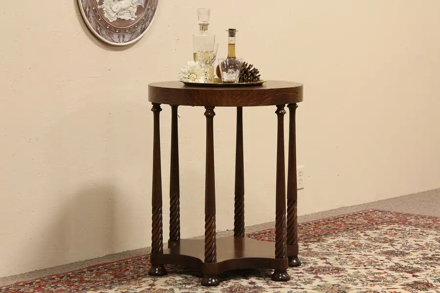 Main image of Round Oak Lamp Table, Spiral Columns