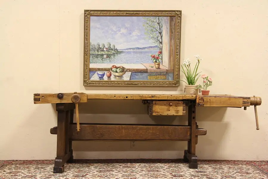 Main image of Antique Woodworker Work Bench, Kitchen Island Wine Table