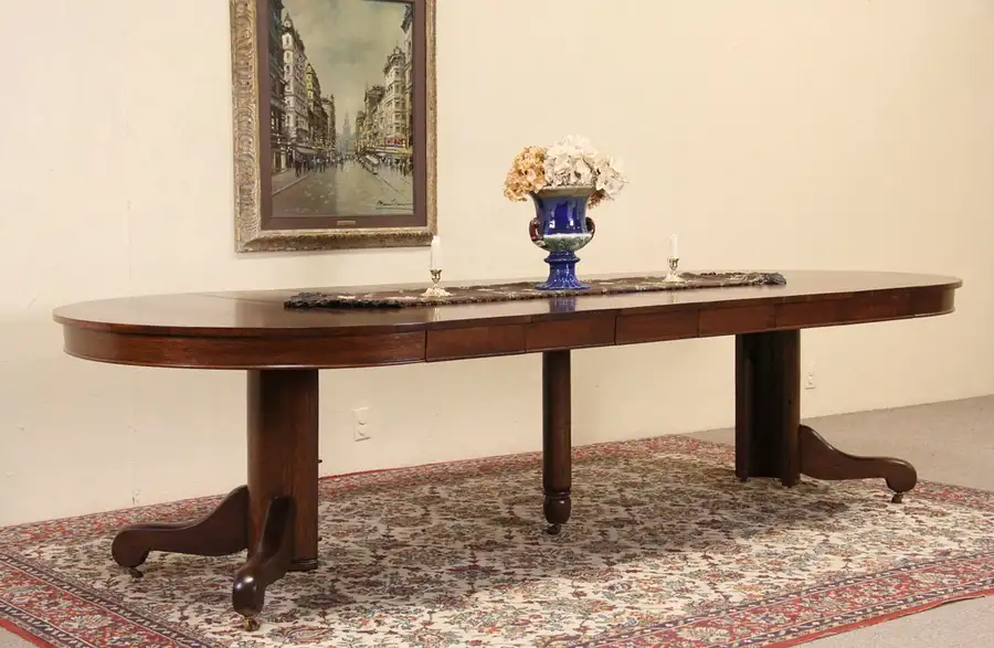 Main image of Round 4' Oak 1900 Antique Pedestal Dining Table, 6 Leaves