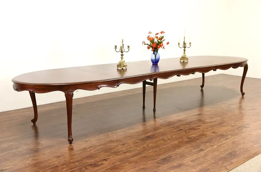 Main image of Carved Country French 1950 Vintage Walnut Dining Table, Extends Over 16' Long