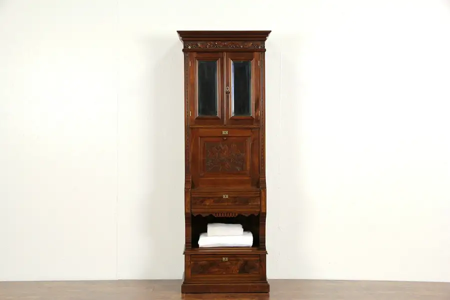 Main image of Victorian Eastlake Narrow 1880 Antique Carved Walnut, Secretary Desk
