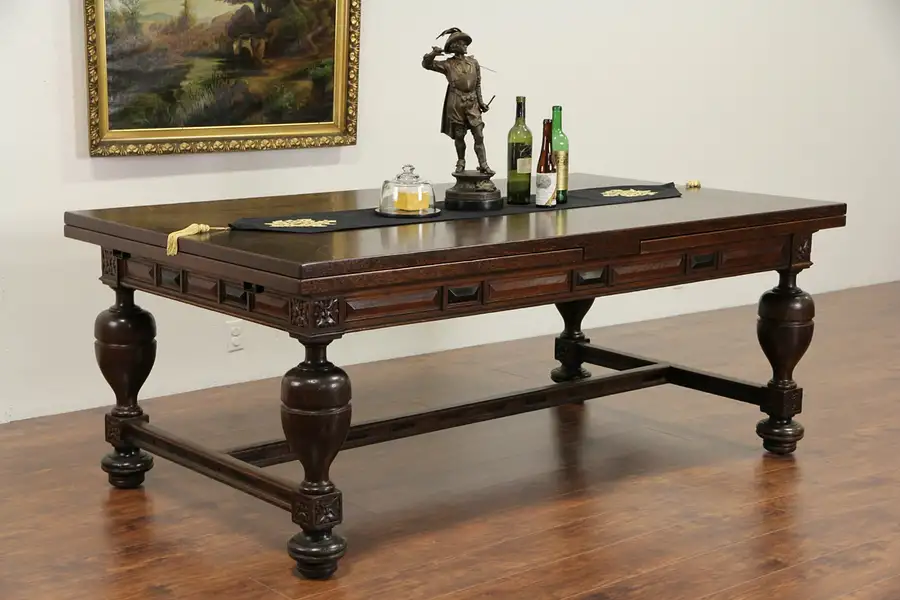 Main image of Scandinavian 1900 Antique Oak 12' 9" Renaissance Dining or Library Table