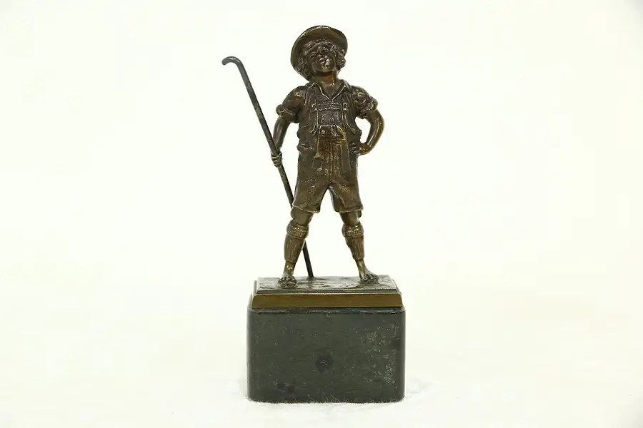 Main image of Bronze Antique Sculpture of a Boy With Fishing Pole, Marble Base
