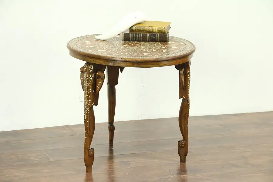 Main image of Elephant Motif Inlaid Carved Teak & Bone Chairside or Coffee Table, India