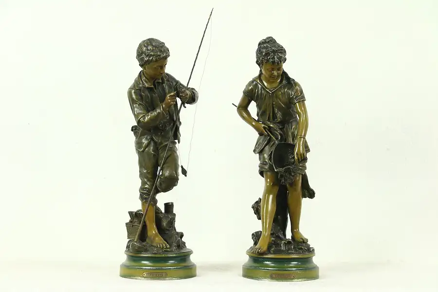 Main image of La Pecheur La Pecheuse Fisher Boy & Girl Antique Pair of Statues