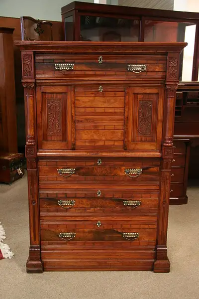 Main image of Victorian Eastlake Carved Walnut Secretary Desk 1870