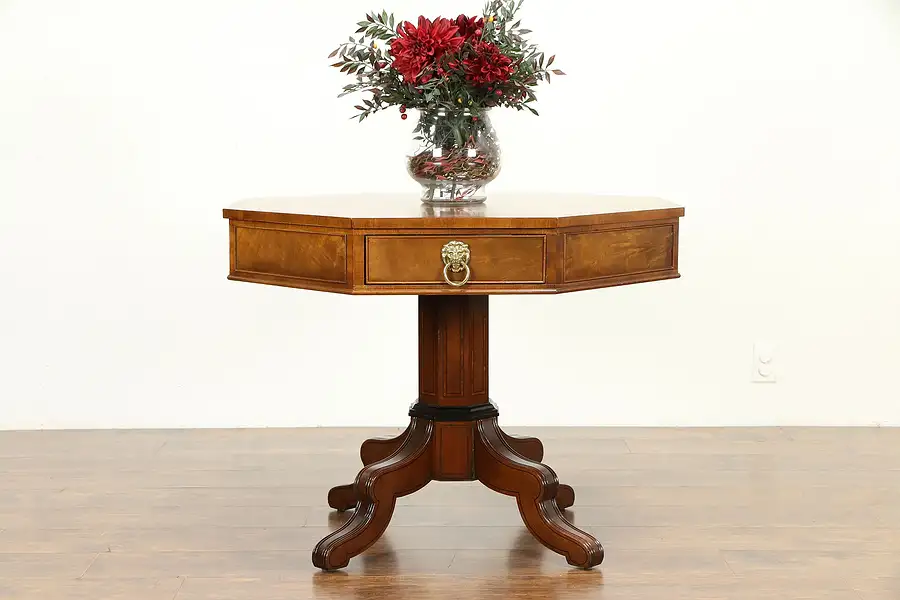 Main image of Octagonal Vintage Hall Center or Lamp Marquetry Table, Signed Baker