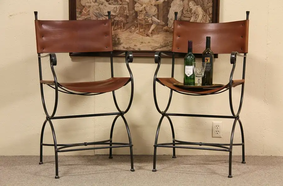 Main image of Pair Wrought Iron & Leather Stools