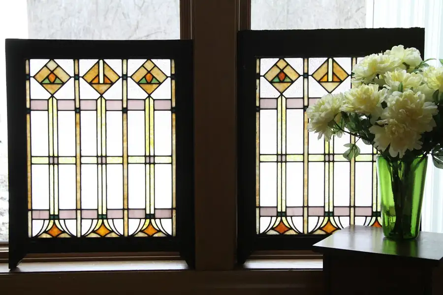 Main image of Pair Arts & Crafts Antique 1900 Leaded Stained Glass Windows
