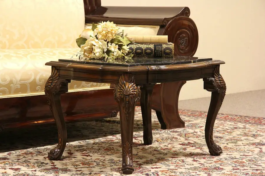 Main image of Black Marble Top 1930 Carved Coffee Table, Dolphin Feet
