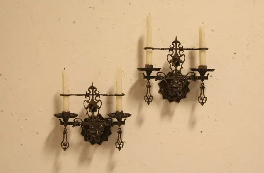 Main image of Pair Bronze 1920 Antique Wall Candle Sconces