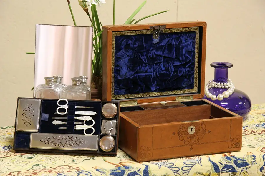 Main image of English Antique 1844 Leather Travel Case, Crystal, Silverplate & Pearl