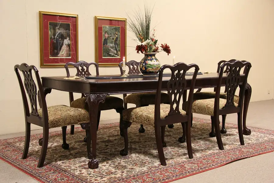 Main image of Georgian Chippendale 1930's Dining Set, Table with 3 Leaves, and 6 Chairs
