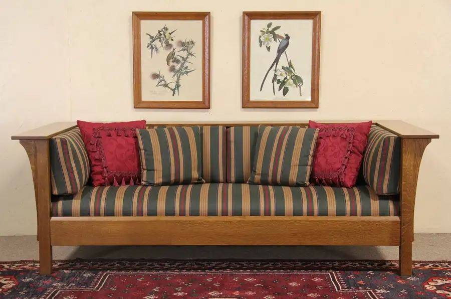 Main image of Stickley Signed Oak Vintage Settee or Sofa, Original Upholstery