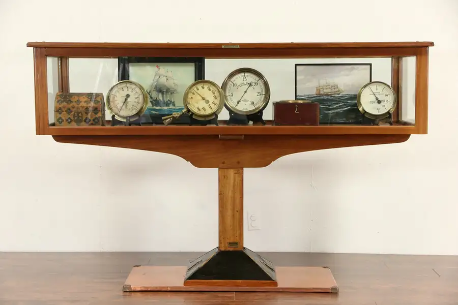 Main image of Queen Mary Antique Salvage Ship Table Converted to Showcase or Display Cabinet