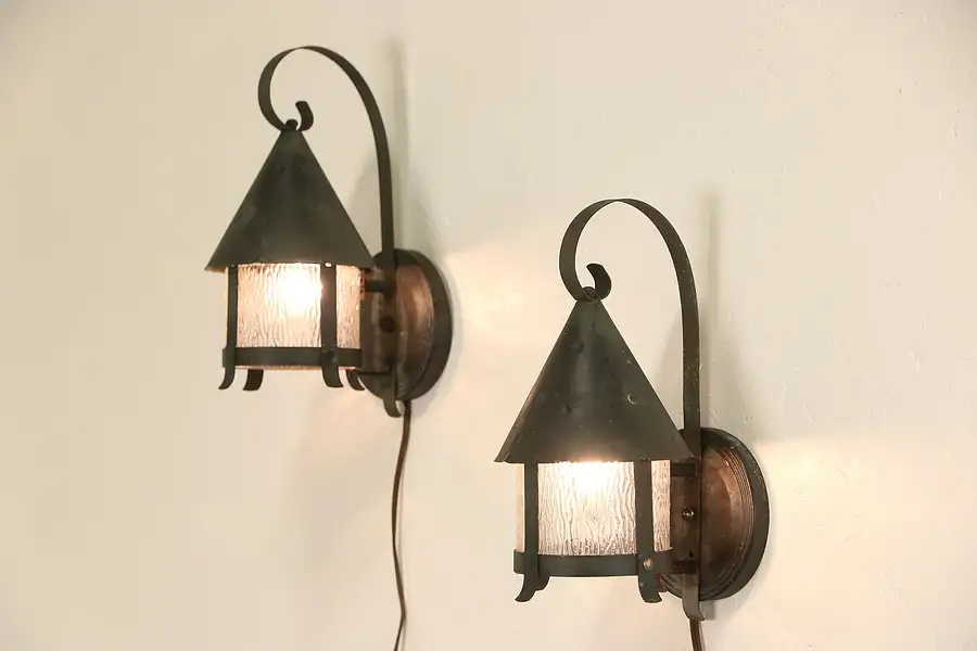 Main image of Pair of 1920's Antique Copper Wall Lanterns, Textured Glass Shades