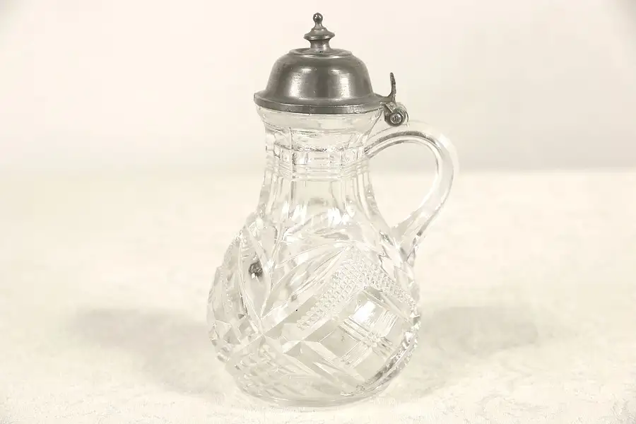 Main image of Victorian Glass & Pewter Antique Syrup or Cream Pitcher, Pat 1872(?)
