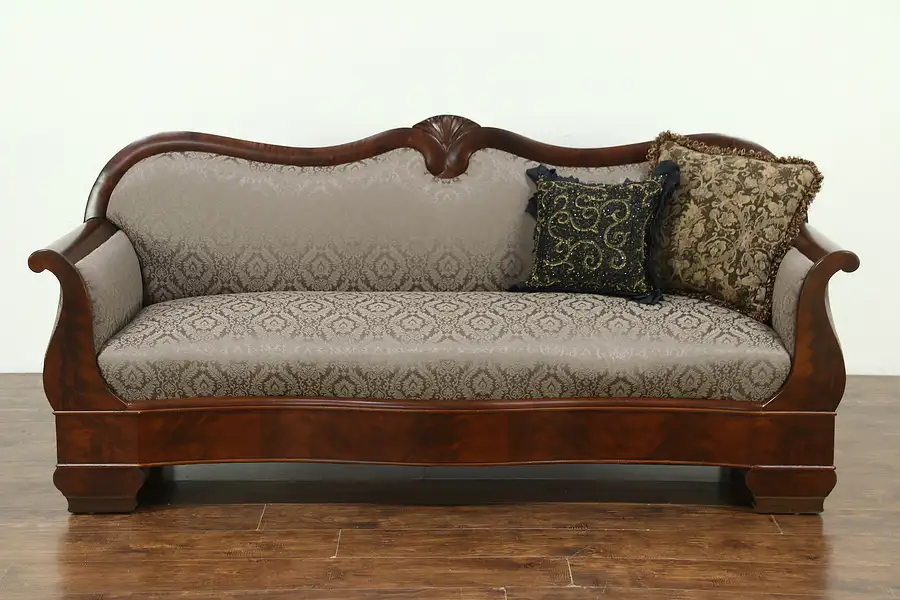 Main image of Empire 1840 Antique Flame Mahogany Sofa, New Upholstery