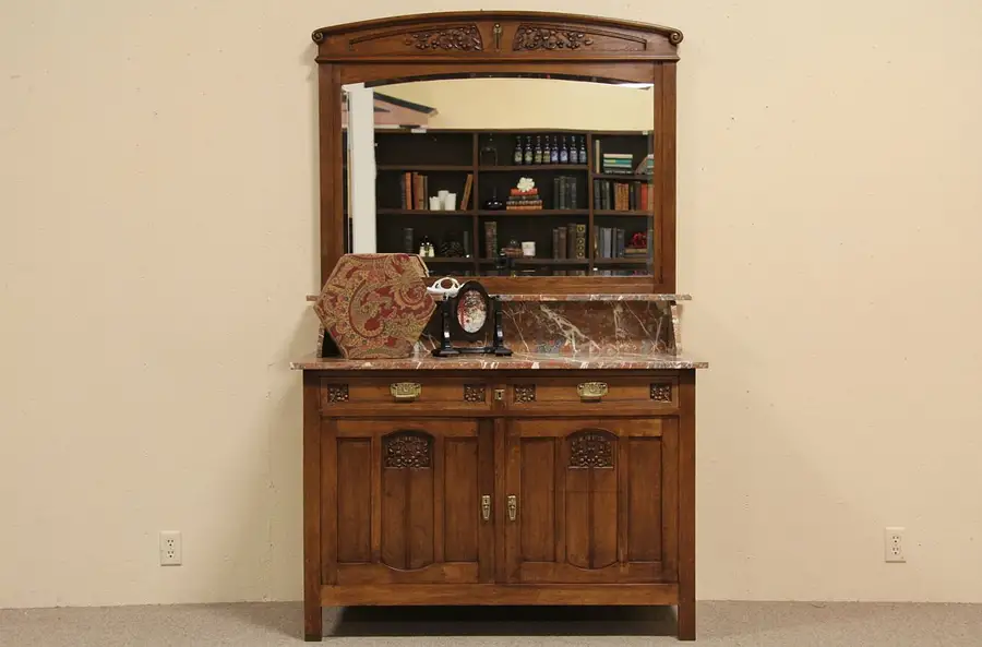 Main image of Art Nouveau Marble Top Chest or Sink Vanity, Carved Cherries