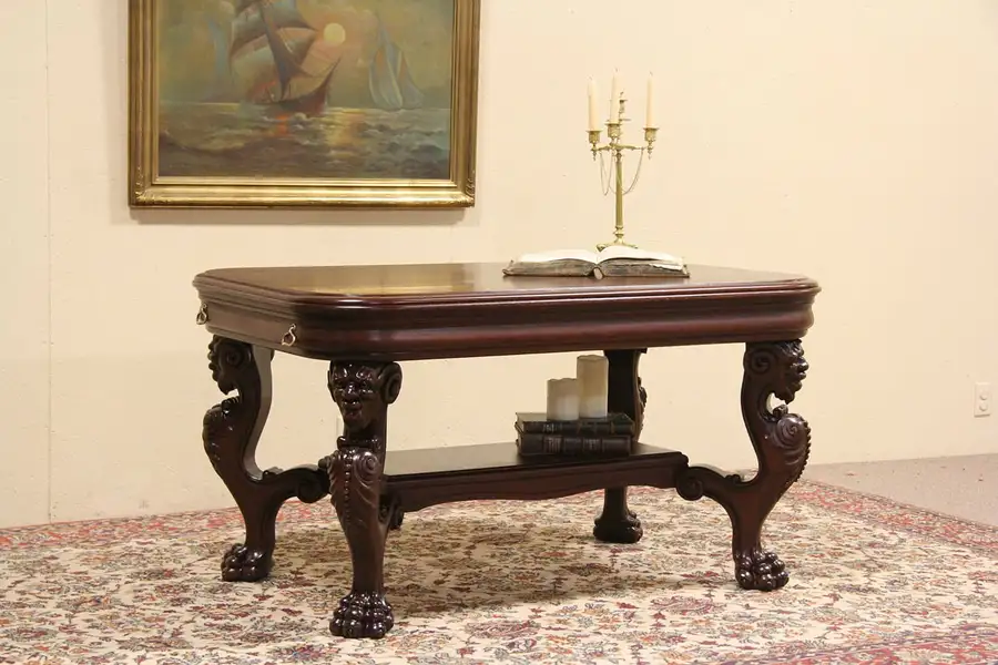 Main image of Griffin & Lion Paw Antique 1900 Library Desk or Foyer Table