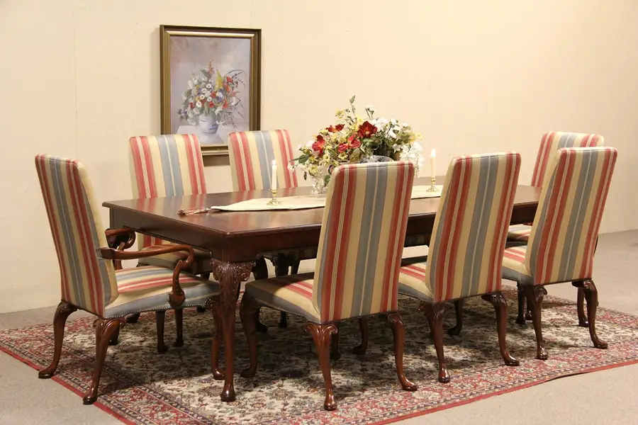 Main image of Baker Signed Vintage Carved 8' Long Dining Set, Table & 8 Chairs